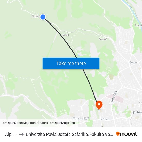 Alpinka to Univerzita Pavla Jozefa Šafárika, Fakulta Verejnej Správy map