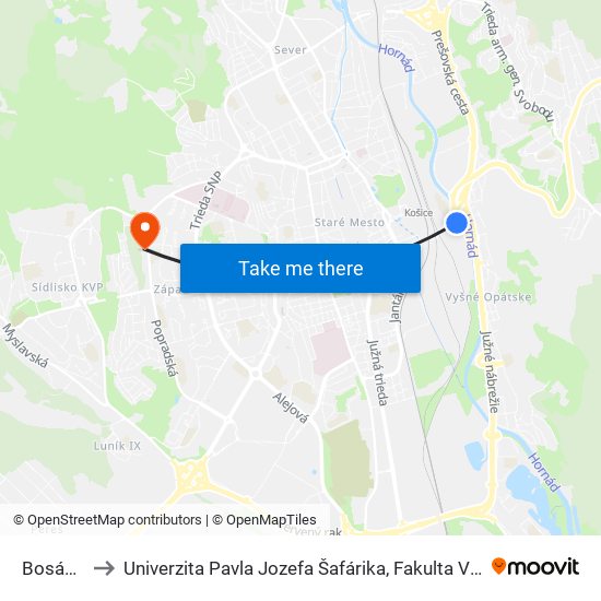 Bosákova to Univerzita Pavla Jozefa Šafárika, Fakulta Verejnej Správy map