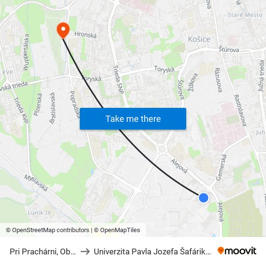 Pri Prachárni, Obchodné Centrá to Univerzita Pavla Jozefa Šafárika, Fakulta Verejnej Správy map