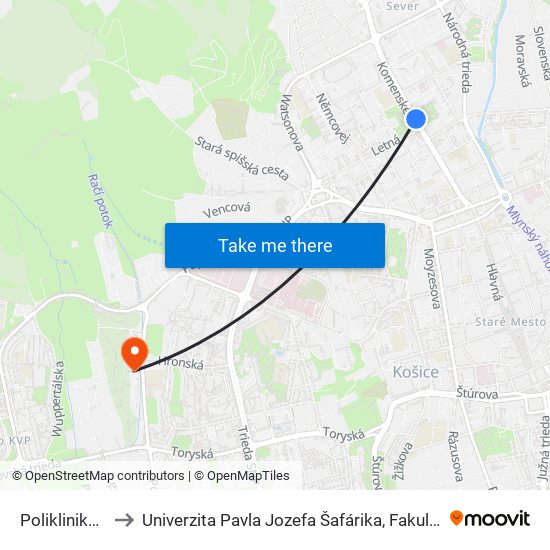 Poliklinika Sever to Univerzita Pavla Jozefa Šafárika, Fakulta Verejnej Správy map