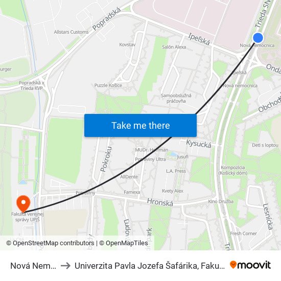 Nová Nemocnica to Univerzita Pavla Jozefa Šafárika, Fakulta Verejnej Správy map