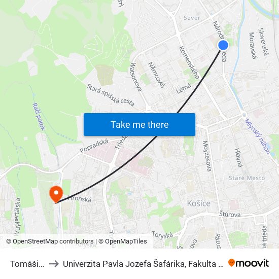 Tomášikova to Univerzita Pavla Jozefa Šafárika, Fakulta Verejnej Správy map