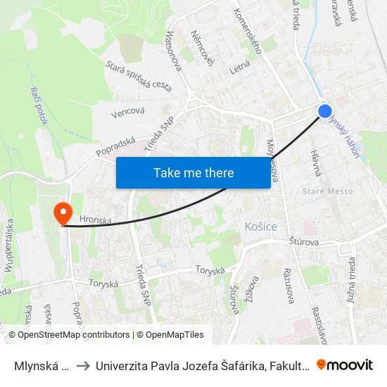 Mlynská Bašta to Univerzita Pavla Jozefa Šafárika, Fakulta Verejnej Správy map