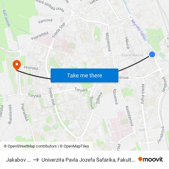 Jakabov Palác to Univerzita Pavla Jozefa Šafárika, Fakulta Verejnej Správy map