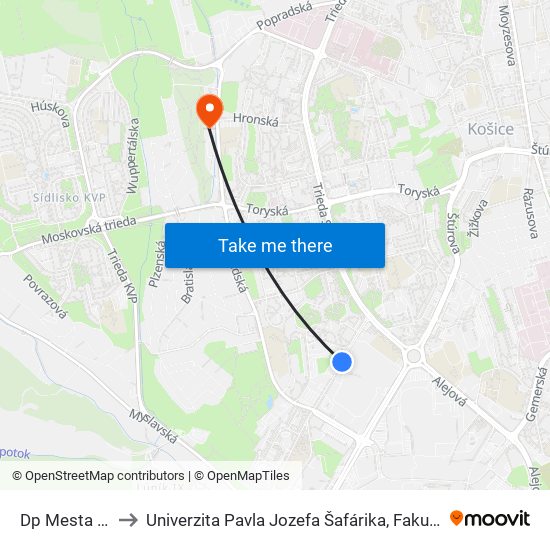 Dp Mesta Košice to Univerzita Pavla Jozefa Šafárika, Fakulta Verejnej Správy map