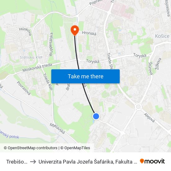 Trebišovská to Univerzita Pavla Jozefa Šafárika, Fakulta Verejnej Správy map