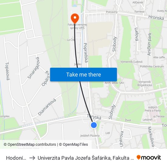 Hodonínska to Univerzita Pavla Jozefa Šafárika, Fakulta Verejnej Správy map