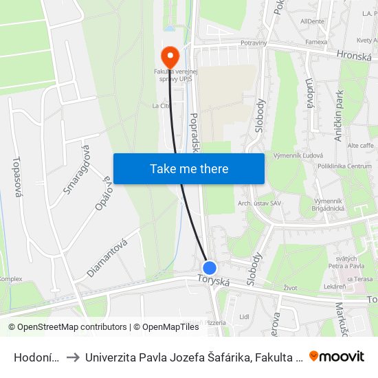 Hodonínska to Univerzita Pavla Jozefa Šafárika, Fakulta Verejnej Správy map