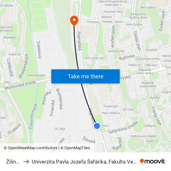 Žilinská to Univerzita Pavla Jozefa Šafárika, Fakulta Verejnej Správy map