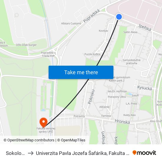 Sokolovská to Univerzita Pavla Jozefa Šafárika, Fakulta Verejnej Správy map