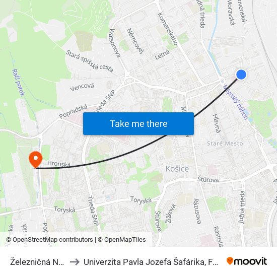 Železničná Nemocnica to Univerzita Pavla Jozefa Šafárika, Fakulta Verejnej Správy map