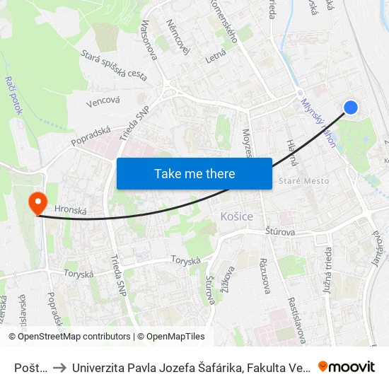 Pošta 2 to Univerzita Pavla Jozefa Šafárika, Fakulta Verejnej Správy map