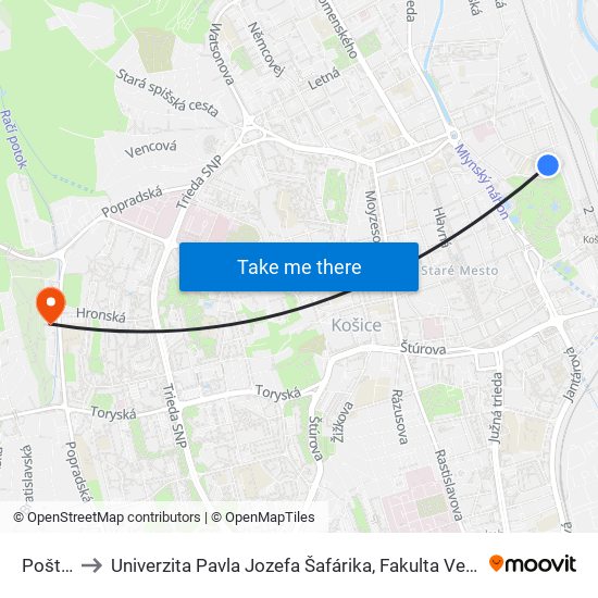 Pošta 2 to Univerzita Pavla Jozefa Šafárika, Fakulta Verejnej Správy map