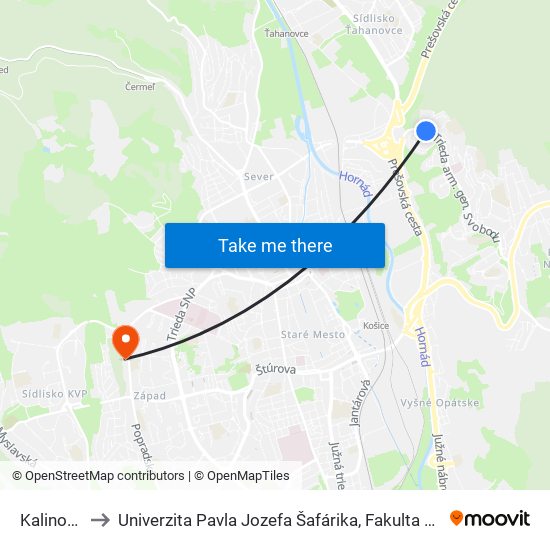 Kalinovská to Univerzita Pavla Jozefa Šafárika, Fakulta Verejnej Správy map