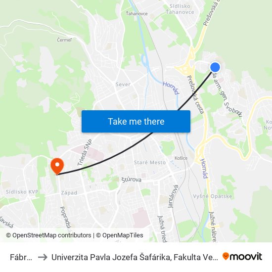 Fábryho to Univerzita Pavla Jozefa Šafárika, Fakulta Verejnej Správy map