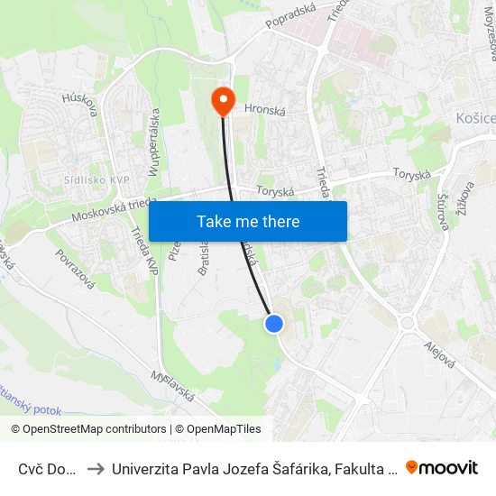 Cvč Domino to Univerzita Pavla Jozefa Šafárika, Fakulta Verejnej Správy map