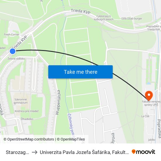 Starozagorská to Univerzita Pavla Jozefa Šafárika, Fakulta Verejnej Správy map