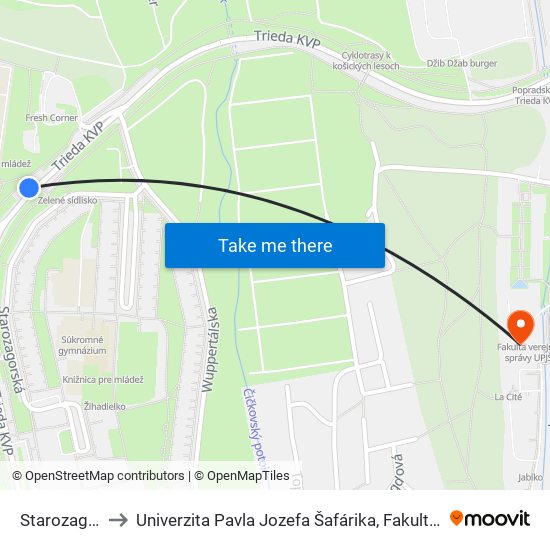 Starozagorská to Univerzita Pavla Jozefa Šafárika, Fakulta Verejnej Správy map