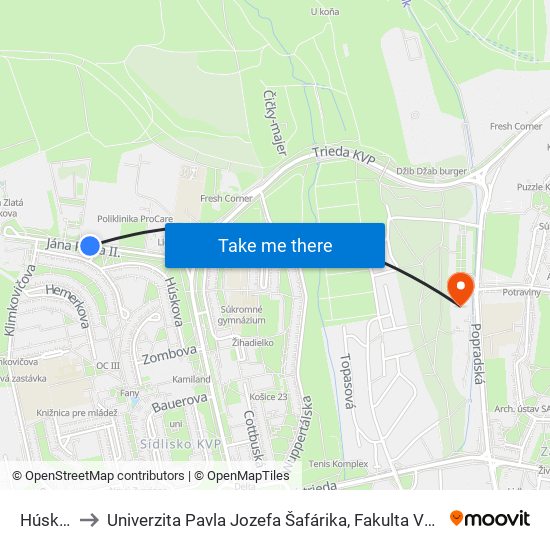 Húskova to Univerzita Pavla Jozefa Šafárika, Fakulta Verejnej Správy map