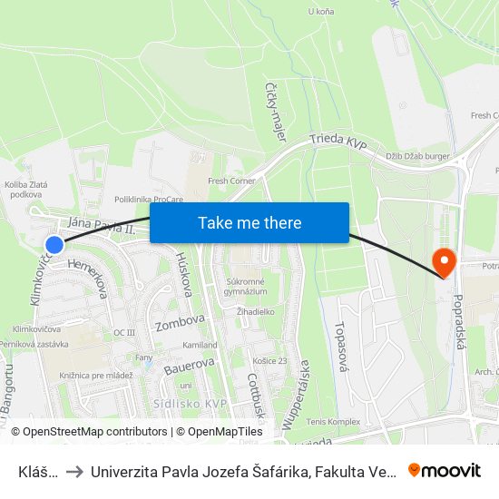 Kláštor to Univerzita Pavla Jozefa Šafárika, Fakulta Verejnej Správy map