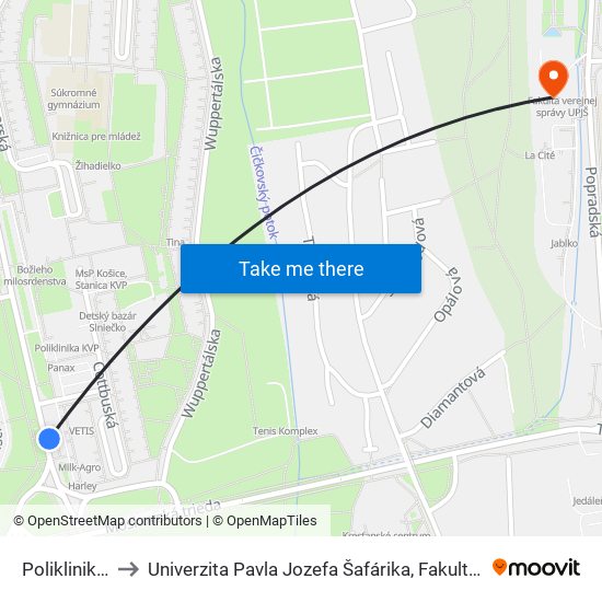 Poliklinika Kvp to Univerzita Pavla Jozefa Šafárika, Fakulta Verejnej Správy map