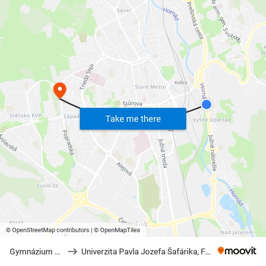 Gymnázium Opatovská to Univerzita Pavla Jozefa Šafárika, Fakulta Verejnej Správy map