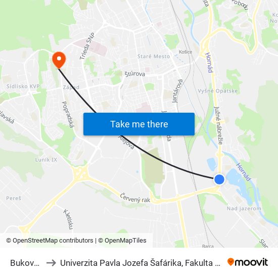 Bukovecká to Univerzita Pavla Jozefa Šafárika, Fakulta Verejnej Správy map