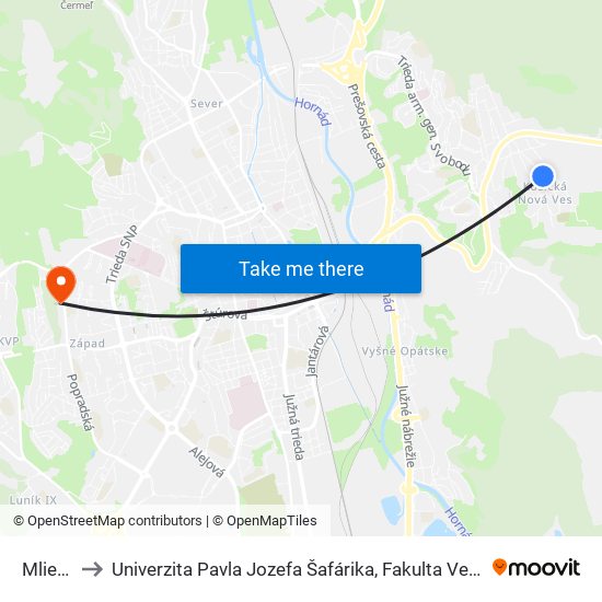 Mliečna to Univerzita Pavla Jozefa Šafárika, Fakulta Verejnej Správy map