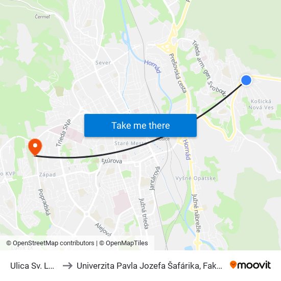 Ulica Sv. Ladislava to Univerzita Pavla Jozefa Šafárika, Fakulta Verejnej Správy map