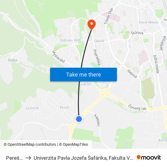 Perešská to Univerzita Pavla Jozefa Šafárika, Fakulta Verejnej Správy map