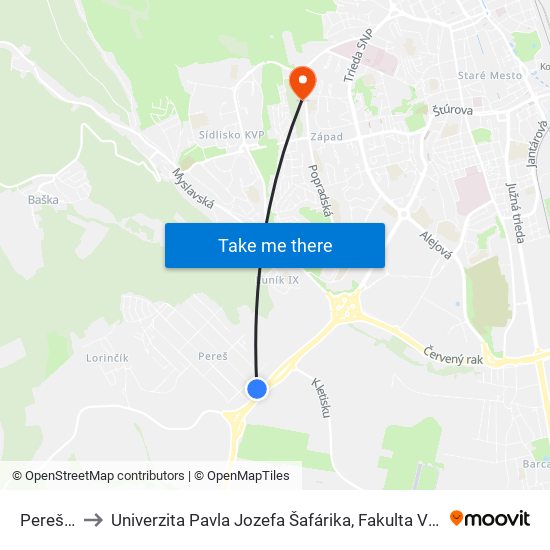 Perešská to Univerzita Pavla Jozefa Šafárika, Fakulta Verejnej Správy map