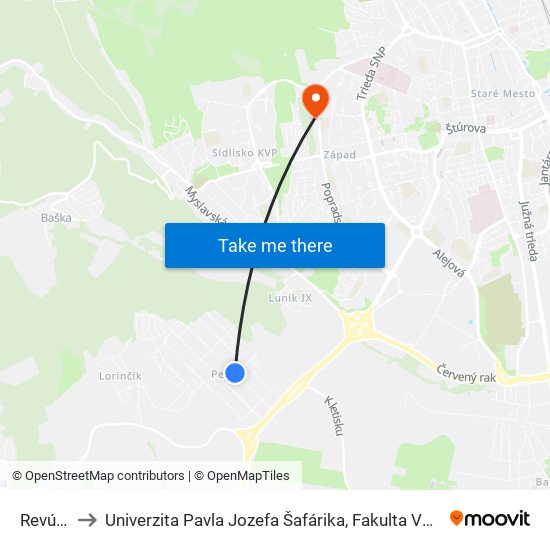 Revúcka to Univerzita Pavla Jozefa Šafárika, Fakulta Verejnej Správy map