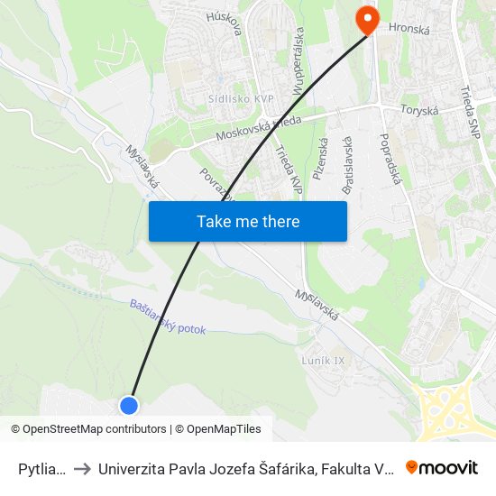 Pytliacka to Univerzita Pavla Jozefa Šafárika, Fakulta Verejnej Správy map