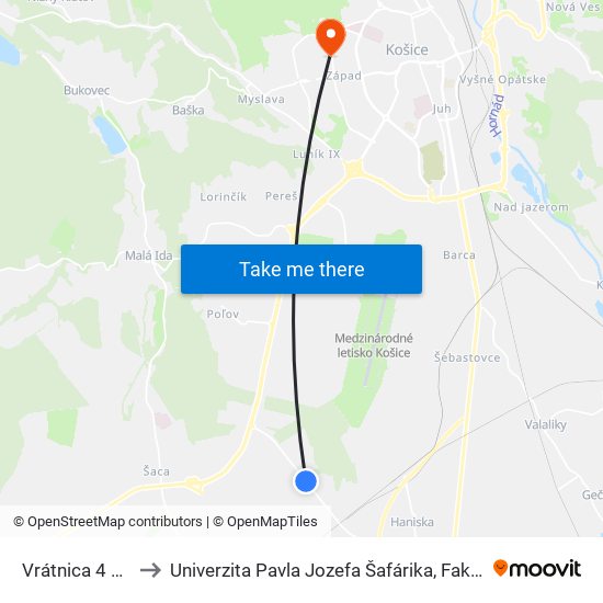 Vrátnica 4 U.S.Steel to Univerzita Pavla Jozefa Šafárika, Fakulta Verejnej Správy map