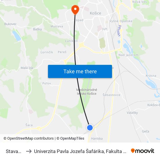 Stavadlo 1 to Univerzita Pavla Jozefa Šafárika, Fakulta Verejnej Správy map