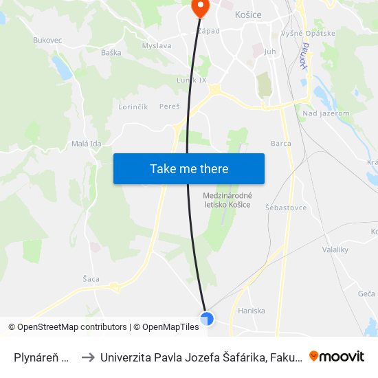 Plynáreň Haniska to Univerzita Pavla Jozefa Šafárika, Fakulta Verejnej Správy map