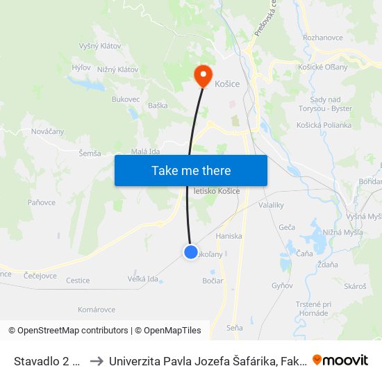 Stavadlo 2 U.S.Steel to Univerzita Pavla Jozefa Šafárika, Fakulta Verejnej Správy map