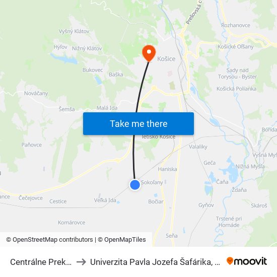 Centrálne Prekladisko Rúd to Univerzita Pavla Jozefa Šafárika, Fakulta Verejnej Správy map