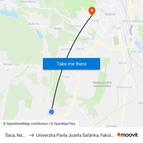 Šaca, Námestie to Univerzita Pavla Jozefa Šafárika, Fakulta Verejnej Správy map