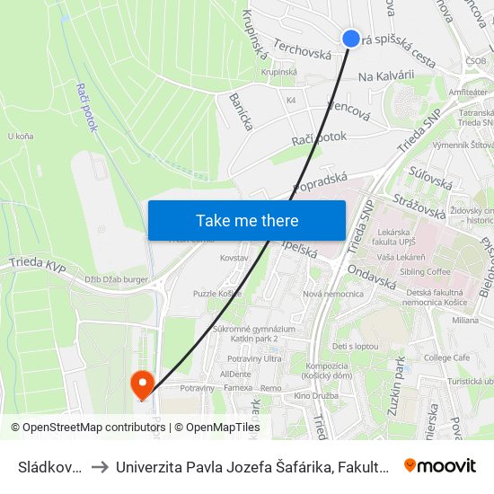 Sládkovičova to Univerzita Pavla Jozefa Šafárika, Fakulta Verejnej Správy map