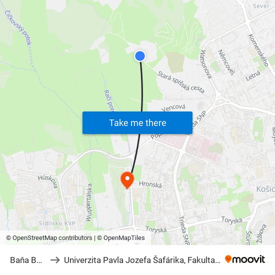 Baňa Bankov to Univerzita Pavla Jozefa Šafárika, Fakulta Verejnej Správy map