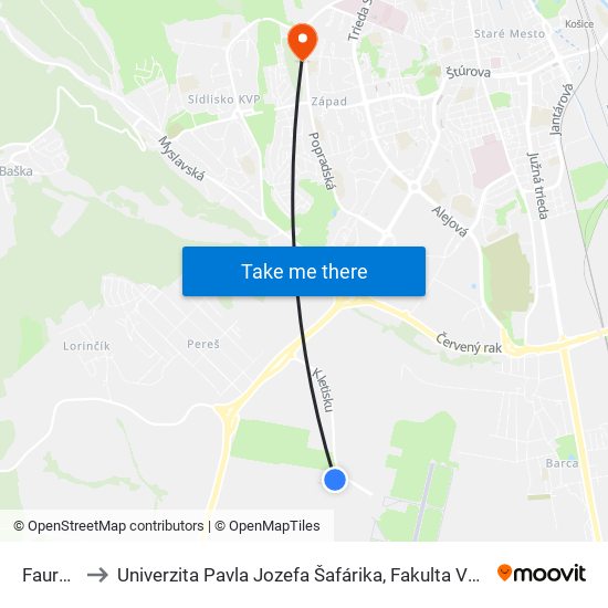 Faurecia to Univerzita Pavla Jozefa Šafárika, Fakulta Verejnej Správy map