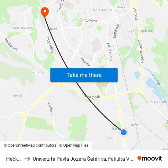 Hečkova to Univerzita Pavla Jozefa Šafárika, Fakulta Verejnej Správy map