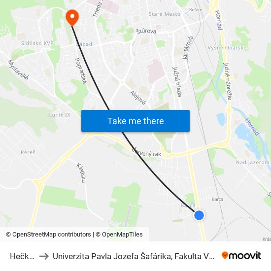 Hečkova to Univerzita Pavla Jozefa Šafárika, Fakulta Verejnej Správy map