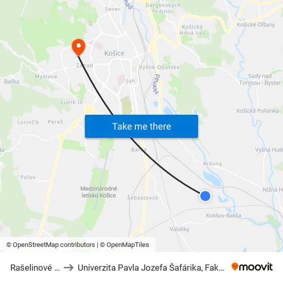 Rašelinové Závody to Univerzita Pavla Jozefa Šafárika, Fakulta Verejnej Správy map