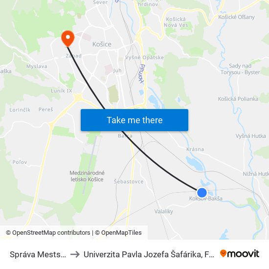 Správa Mestskej Zelene to Univerzita Pavla Jozefa Šafárika, Fakulta Verejnej Správy map