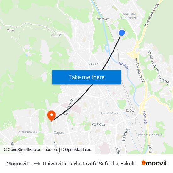 Magnezitárska to Univerzita Pavla Jozefa Šafárika, Fakulta Verejnej Správy map