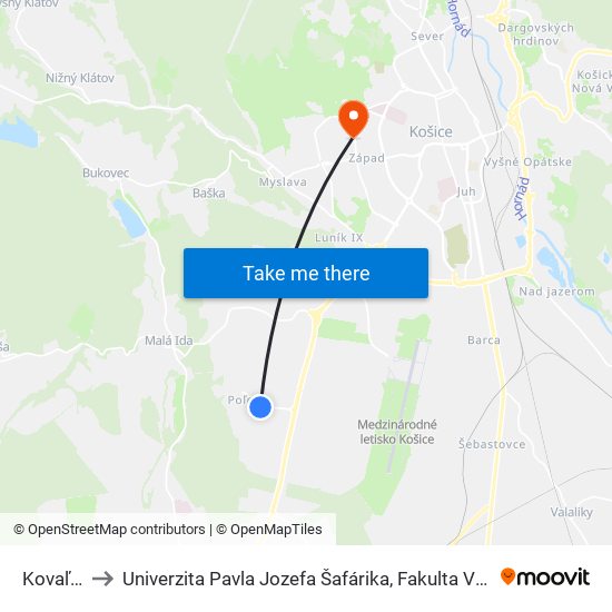 Kovaľská to Univerzita Pavla Jozefa Šafárika, Fakulta Verejnej Správy map