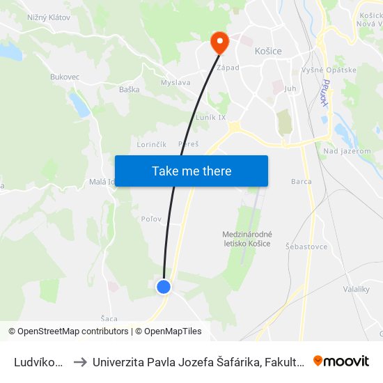 Ludvíkov Dvor to Univerzita Pavla Jozefa Šafárika, Fakulta Verejnej Správy map