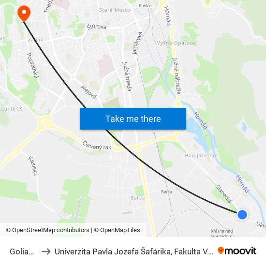 Golianova to Univerzita Pavla Jozefa Šafárika, Fakulta Verejnej Správy map